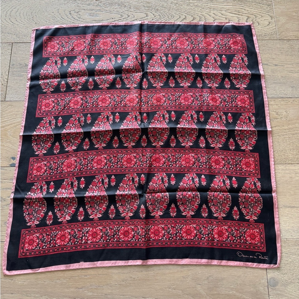 Vintage Oscar de la Renta Silk Scarf - Black & Fuchsia Paisley Floral Motif
